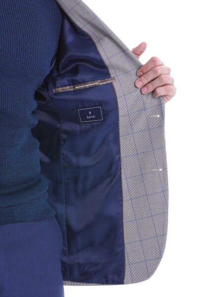 Gri Slim Fit Kareli Mono Yaka Casual Takım Elbise - 7