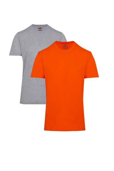 Gri ve Turuncu Regular Fit %100 Pamuk Bisiklet Yaka İkili Paket Basic Tişört 