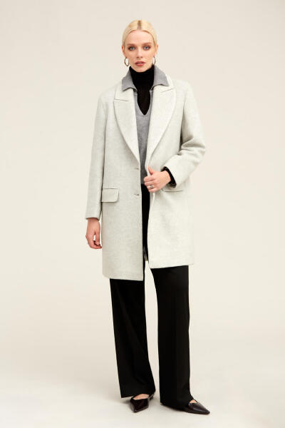 Saykı Woman Gri Regular Fit Ceket Yaka Kaşe Oversize Manto - 3