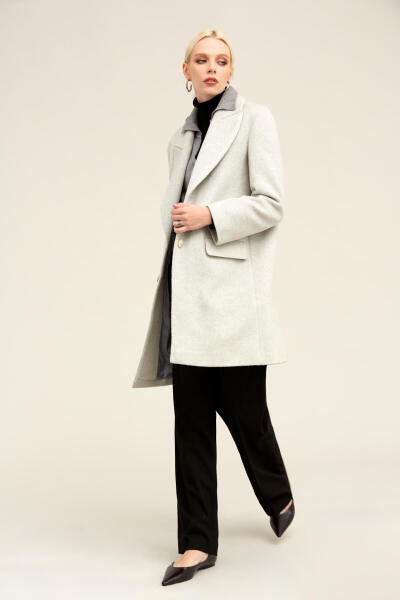Saykı Woman Gri Regular Fit Ceket Yaka Kaşe Oversize Manto - 4