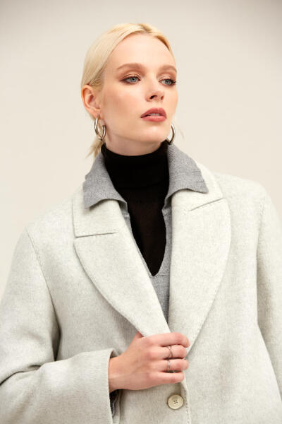 Saykı Woman Gri Regular Fit Ceket Yaka Kaşe Oversize Manto - 6