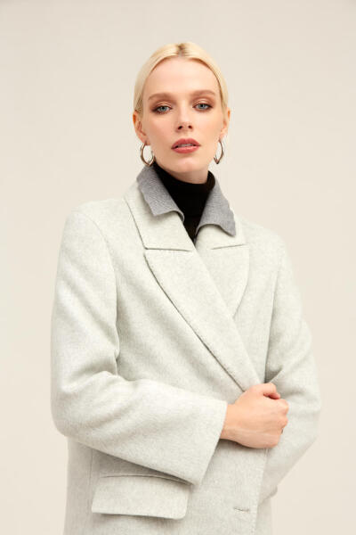 Saykı Woman Gri Regular Fit Ceket Yaka Kaşe Oversize Manto - 9