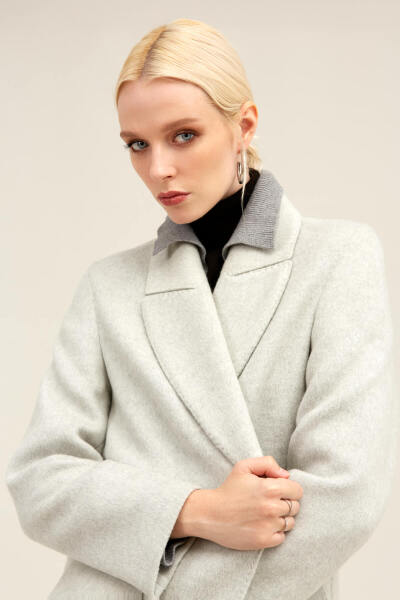 Saykı Woman Gri Regular Fit Ceket Yaka Kaşe Oversize Manto - 10