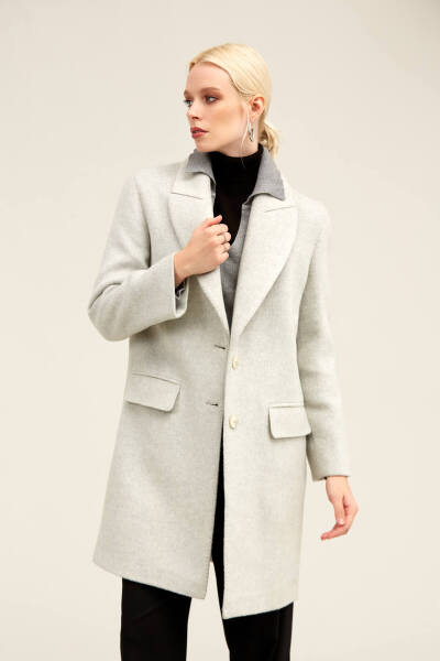 Saykı Woman Gri Regular Fit Ceket Yaka Kaşe Oversize Manto - 11