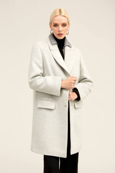 Saykı Woman Gri Regular Fit Ceket Yaka Kaşe Oversize Manto - 12