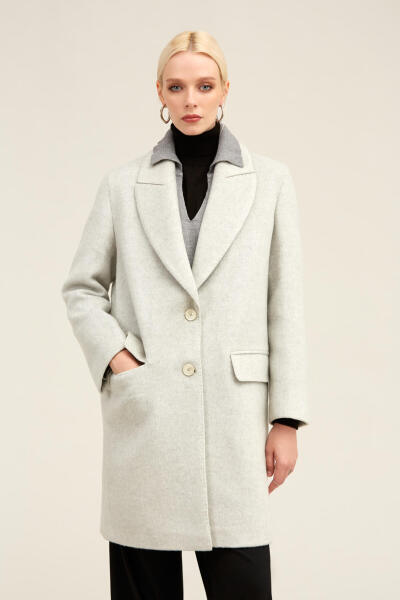Saykı Woman Gri Regular Fit Ceket Yaka Kaşe Oversize Manto - 13