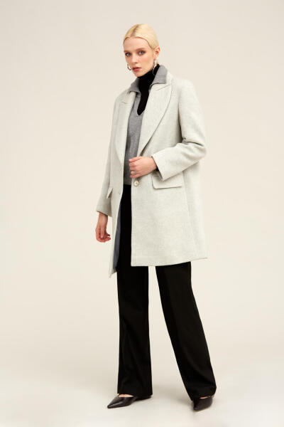 Saykı Woman Gri Regular Fit Ceket Yaka Kaşe Oversize Manto - 14