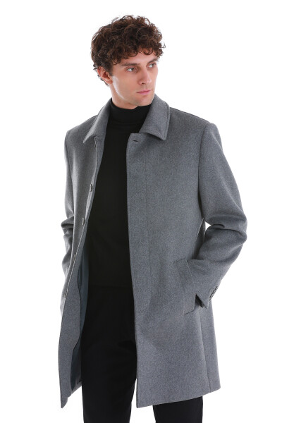 Gri Regular Fit Bebe Yaka Kürklü Kaşe Yünlü Palto - 3