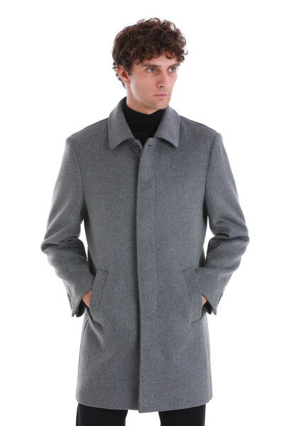 Gri Regular Fit Bebe Yaka Kürklü Kaşe Yünlü Palto - 4