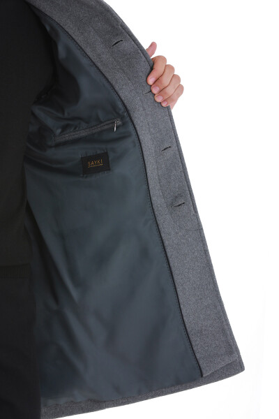 Gri Regular Fit Bebe Yaka Kürklü Kaşe Yünlü Palto - 6