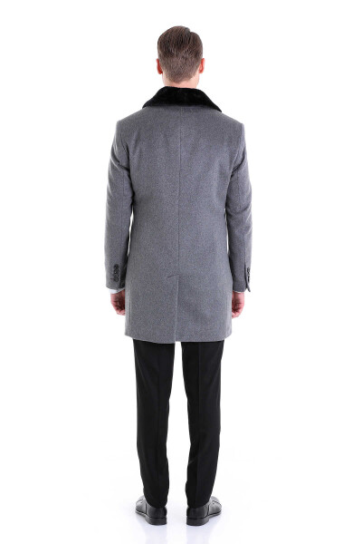 Gri Slim Fit Bebe Yaka Yünlü Kürklü Kaşe Palto - 7