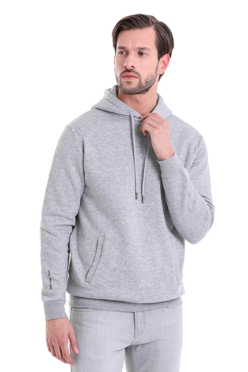 Hatemoğlu Gri Regular Fit Düz Pamuklu Kapüşonlu Kanguru Cepli Sweatshirt. 3