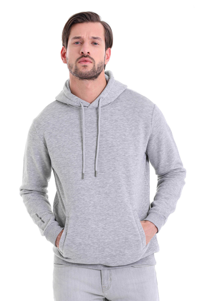 Gri Regular Fit Pamuklu Kapüşonlu Kanguru Cepli Sweatshirt - HTML