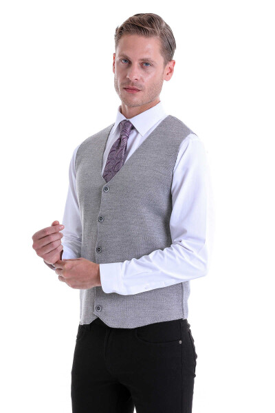 Gri Comfort Fit V Yaka Yünlü Klasik Triko Yelek - 2