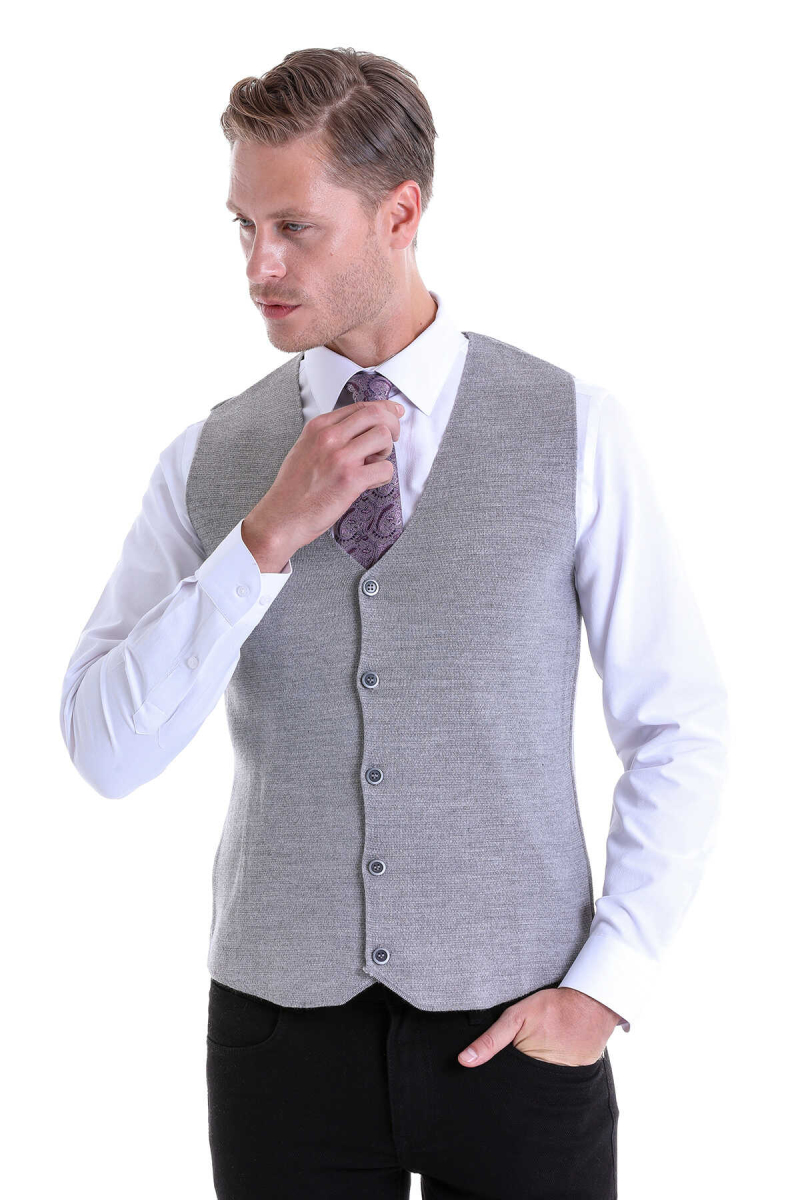 Gri Comfort Fit V Yaka Yünlü Klasik Triko Yelek - Hatemoğlu (1)