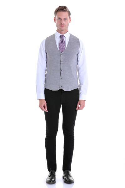 Gri Comfort Fit V Yaka Yünlü Klasik Triko Yelek - 4