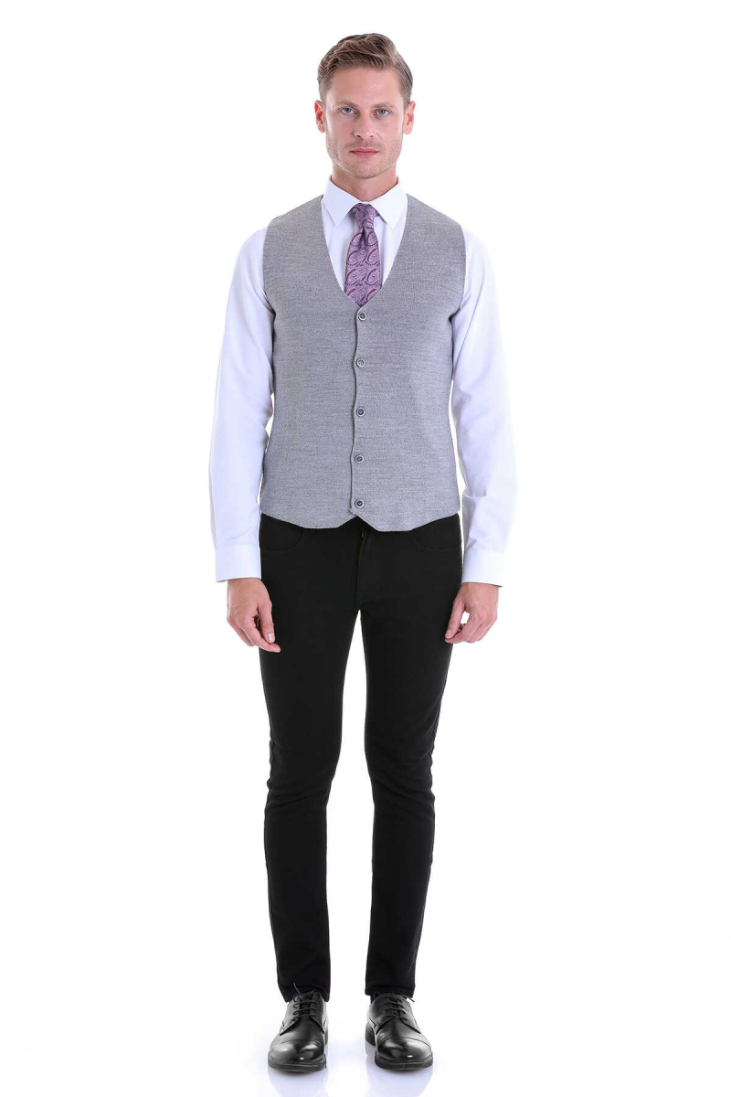 Gri Comfort Fit V Yaka Yünlü Klasik Triko Yelek - Hatemoğlu (1)