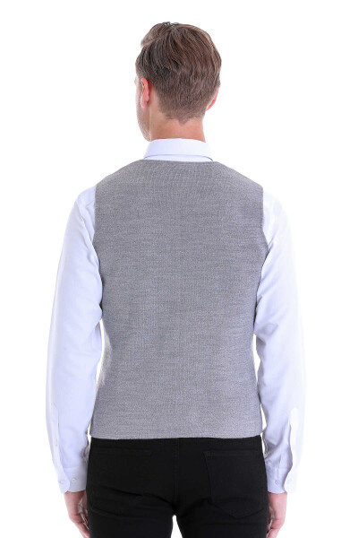 Gri Comfort Fit V Yaka Yünlü Klasik Triko Yelek - 6