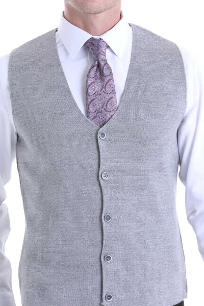 Gri Comfort Fit V Yaka Yünlü Klasik Triko Yelek - 5