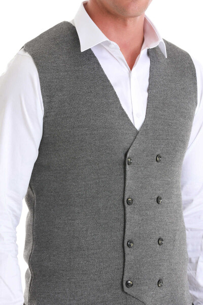 Gri Regular Fit Kruvaze Triko Yelek - 4