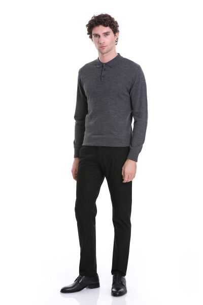 Gri Regular Fit Polo Yaka Triko Kazak - 2