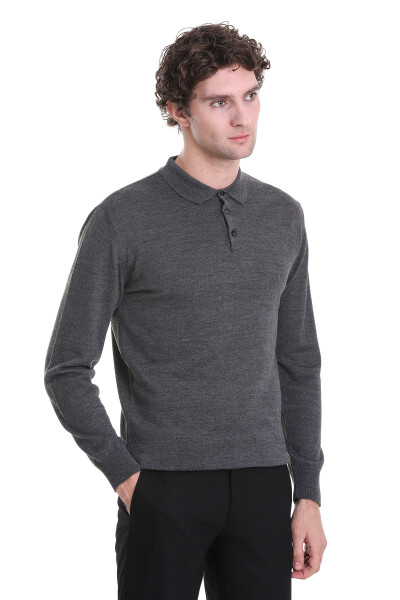Gri Regular Fit Polo Yaka Triko Kazak - 3