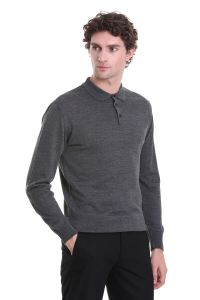 Gri Regular Fit Polo Yaka Triko Kazak - 4