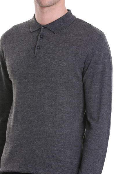 Gri Regular Fit Polo Yaka Triko Kazak - 5