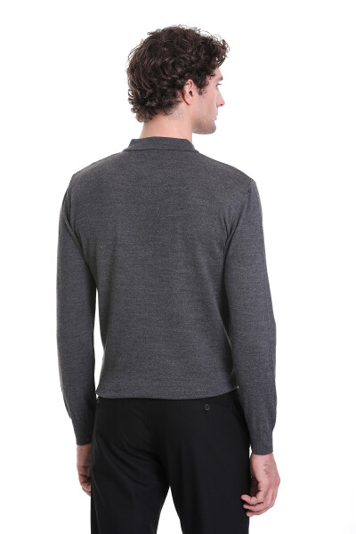 Gri Regular Fit Polo Yaka Triko Kazak - 6
