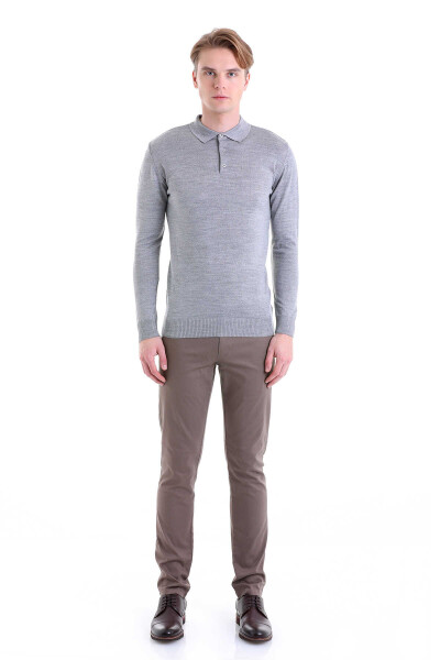Gri Comfort Fit Polo Yaka Yünlü Kazak - 4