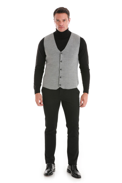 Gri Regular Fit V Yaka Triko Yelek - 2