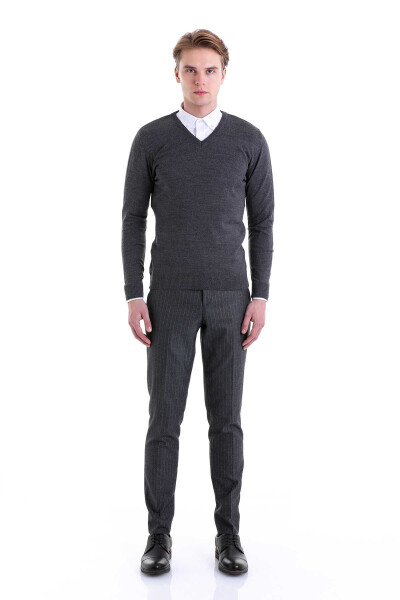 Gri Comfort Fit V Yaka Yünlü Kazak - 4