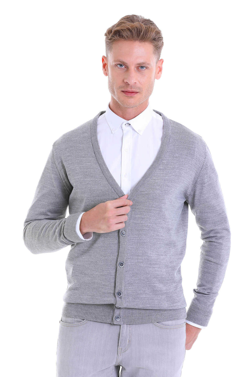 Gri Comfort Fit V Yaka Yünlü Triko Hırka - Hatemoğlu (1)