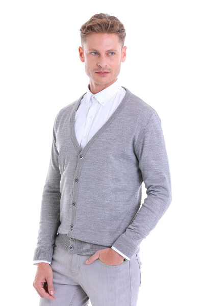 Gri Comfort Fit V Yaka Yünlü Triko Hırka - 3