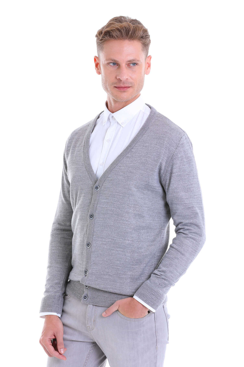 Gri Comfort Fit V Yaka Yünlü Triko Hırka - Hatemoğlu (1)