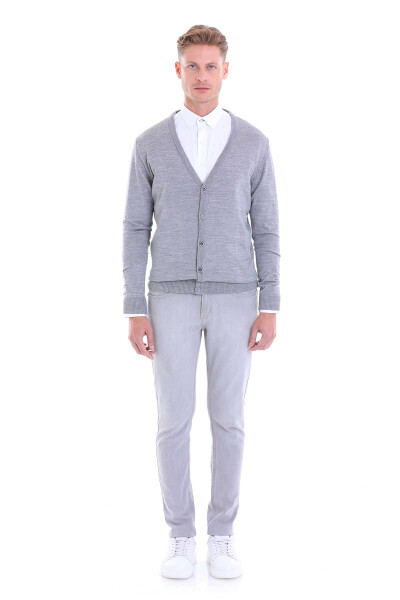 Gri Comfort Fit V Yaka Yünlü Triko Hırka - 4