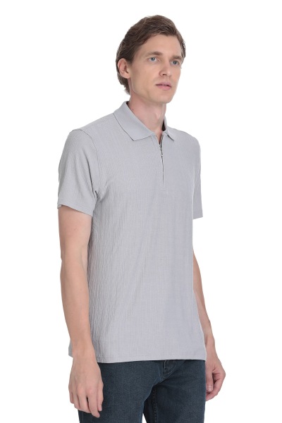 Gri Regular Fit Fermuarlı Polo Yaka Tişört 