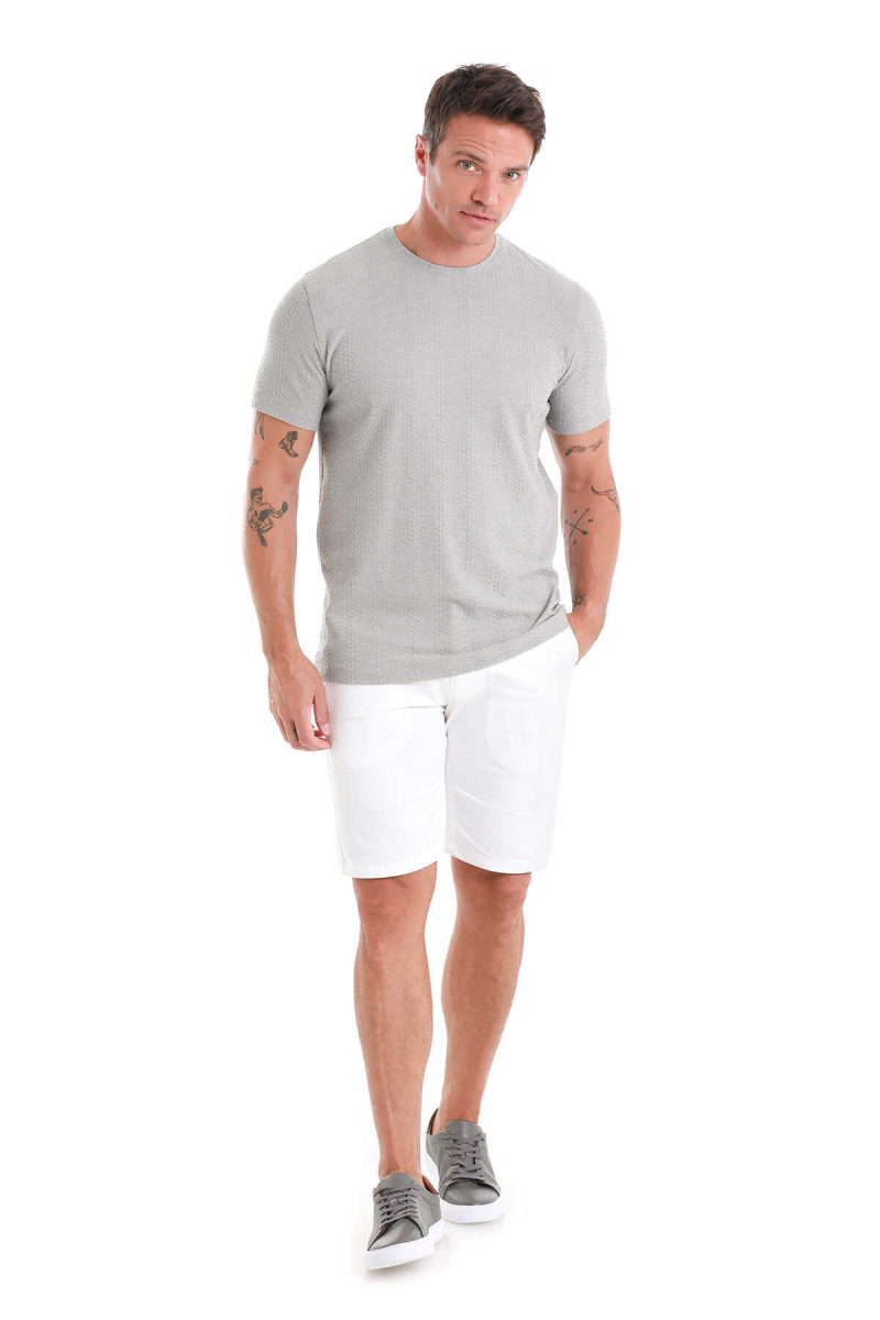 Gri Regular Fit Jakarlı Bisiklet Yaka Tişört - Hatem Saykı (1)