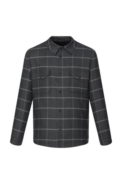 Gri Regular Fit Kareli Bebe Yaka Elyaflı Mont - Hatemoğlu