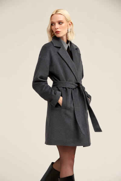 Saykı Woman Gri Regular Fit Mono Yaka Yünlü Manto - 3