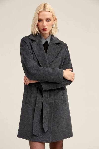 Saykı Woman Gri Regular Fit Mono Yaka Yünlü Manto - 5