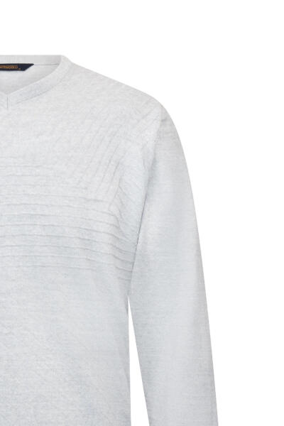 Gri Regular Fit V Yaka Yünlü Triko Kazak - 3