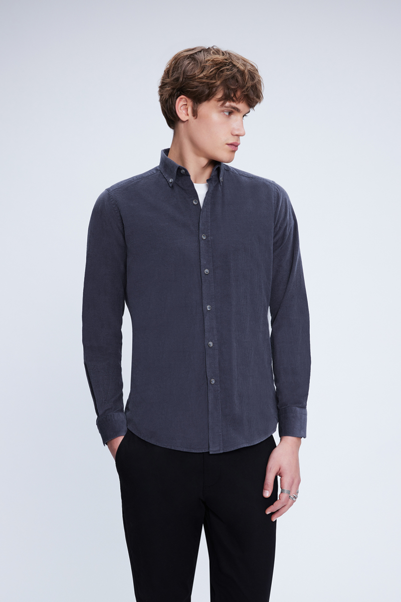 Gri Slim Fit 100% Pamuklu Düğmeli Yaka Uzun Kollu Klasik Gömlek - Hatem Saykı