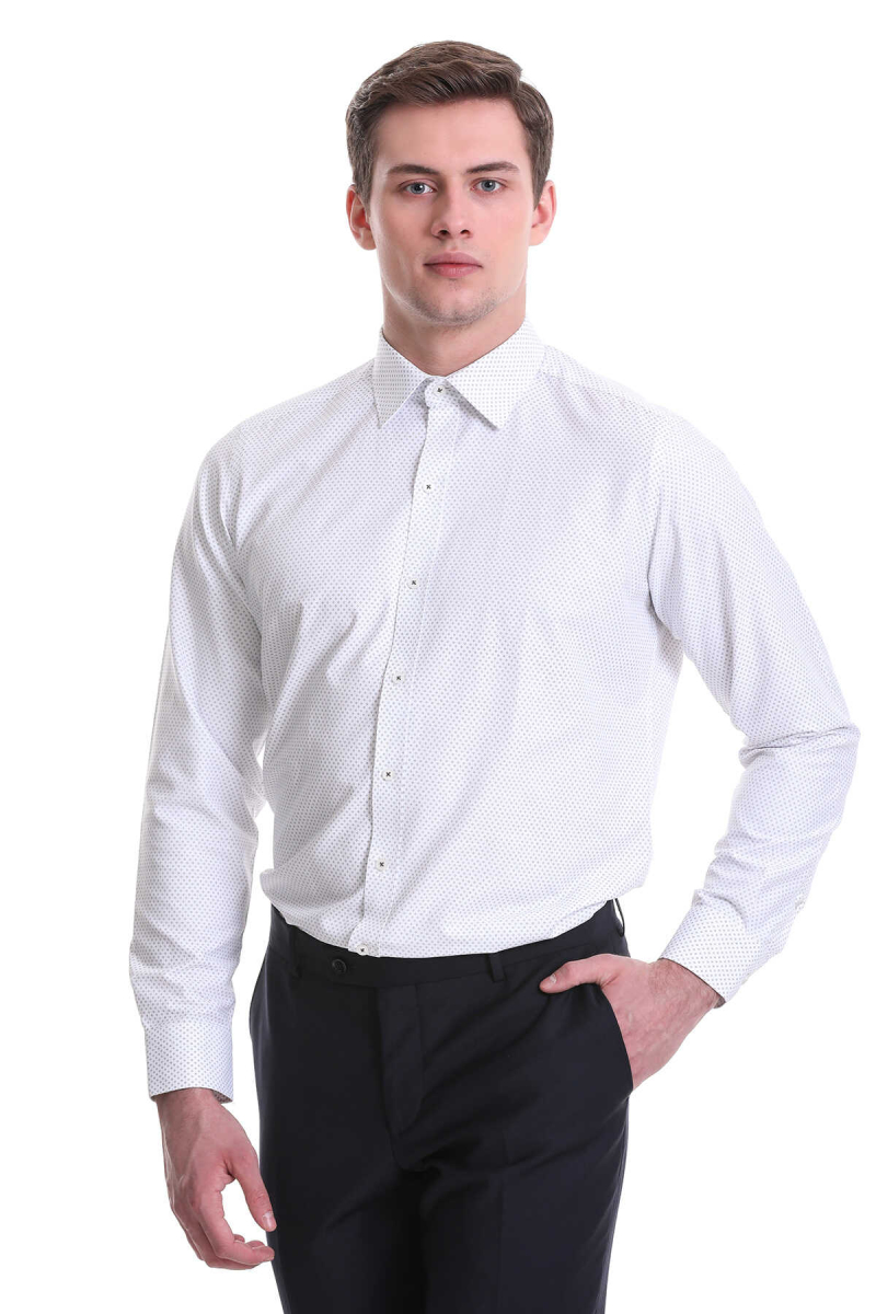 Gri Slim Fit Baskılı Pamuklu Slim Yaka Uzun Kollu Klasik Gömlek - Hatemoğlu
