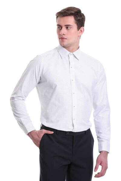 Gri Slim Fit Baskılı Pamuklu Slim Yaka Uzun Kollu Klasik Gömlek - 2