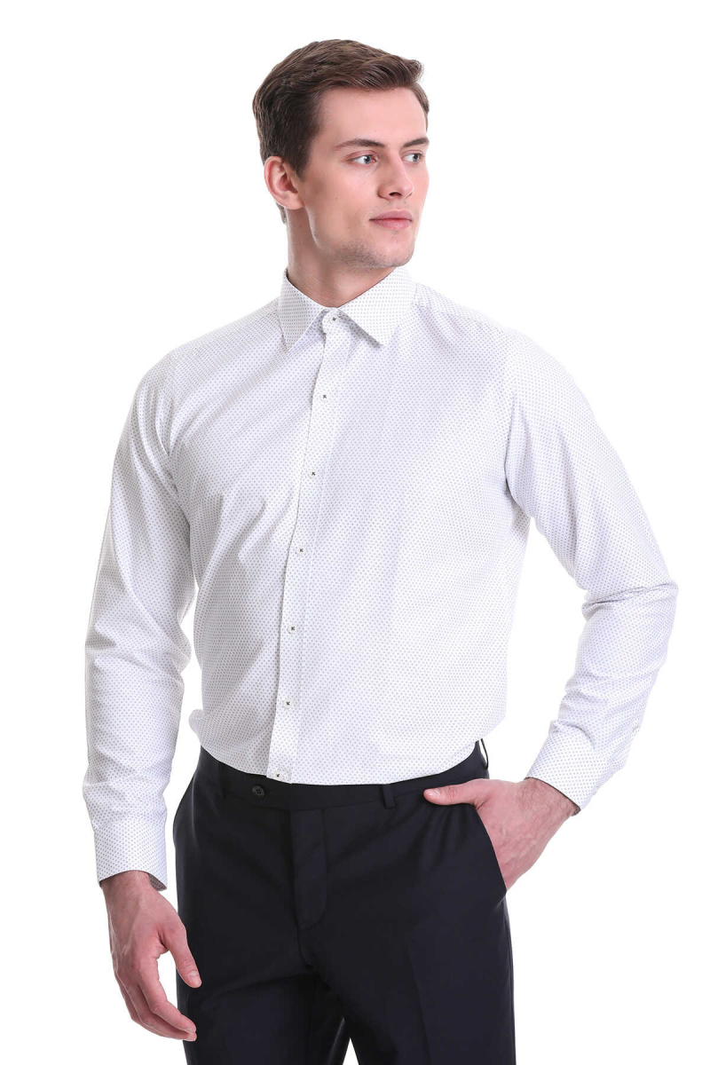 Gri Slim Fit Baskılı Pamuklu Slim Yaka Uzun Kollu Klasik Gömlek - Hatemoğlu (1)