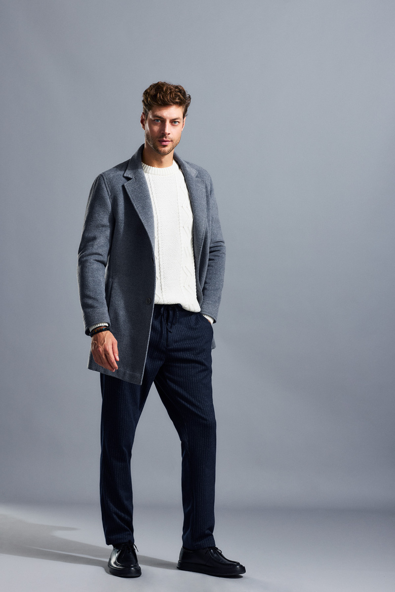 Gri Slim Fit Ceket Yaka Yünlü Kaşe Palto - Hatem Saykı