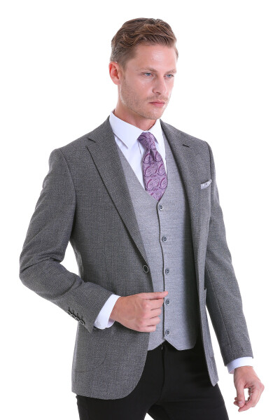 Gri Slim Fit Desenli Mono Yaka Casual Ceket - 2