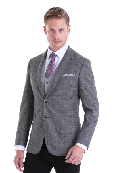 Gri Slim Fit Desenli Mono Yaka Casual Ceket - 3