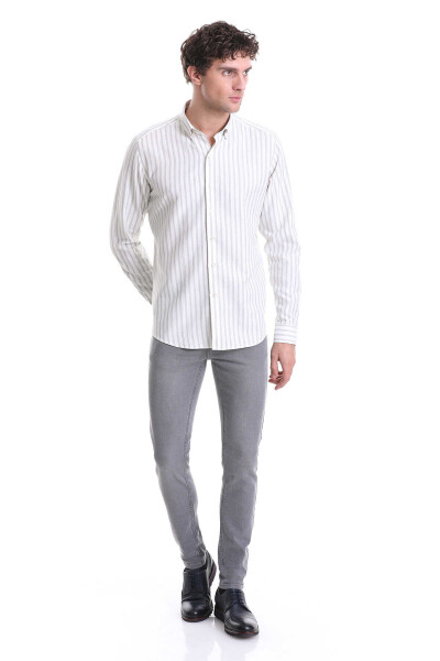 Gri Slim Fit Çizgili Dik Yaka Pamuklu Uzun Kollu Casual Gömlek - 2